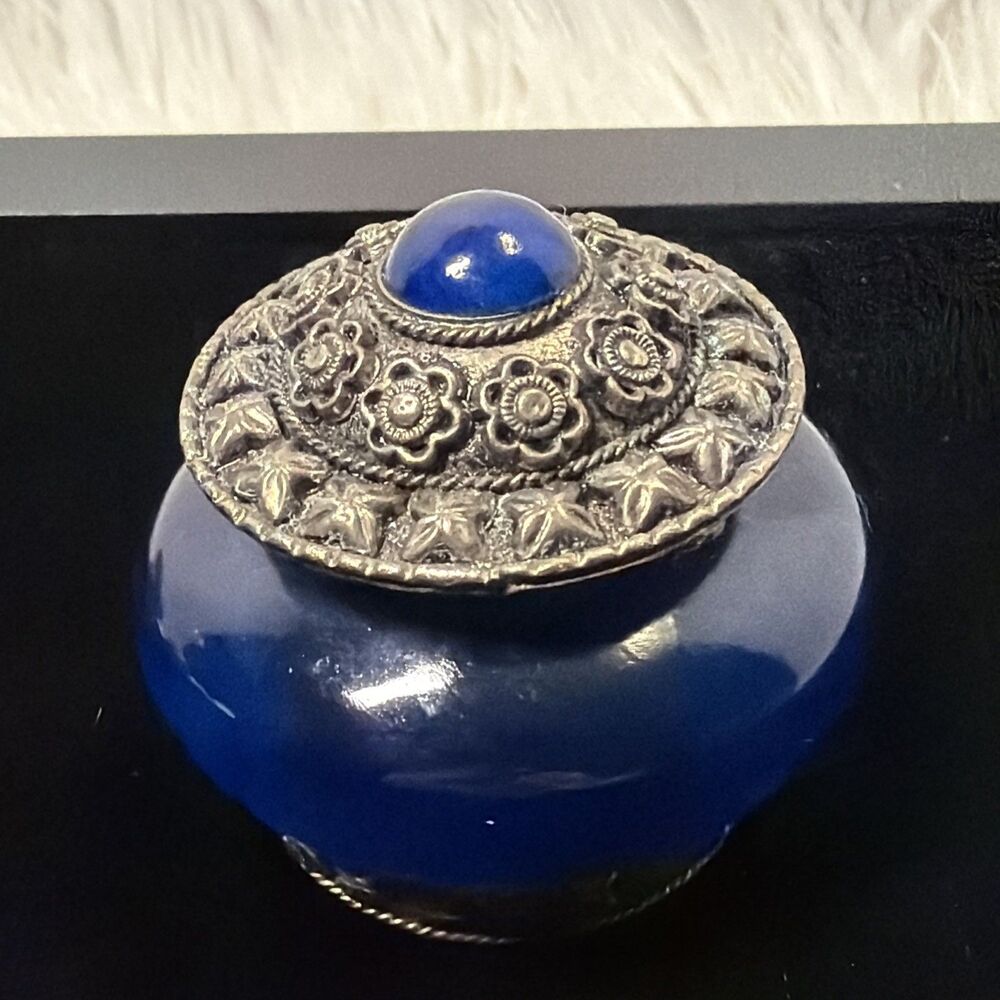 Vtg Round Blue Glass Bead Silver Tone Trinket Box Lift Off Lid 2” X2”